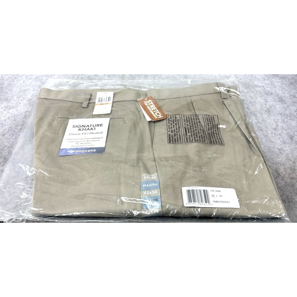Dockers Men's Signature Khaki Pants  Timberwolf Pleated Stretch SZ 42/34 NWT
